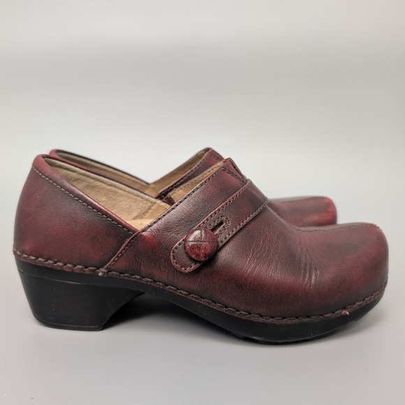 Dansko Burgundy Leather Clogs Mary Jane Button Wedge Slip On Shoes Women 36 - Picture 4 of 12